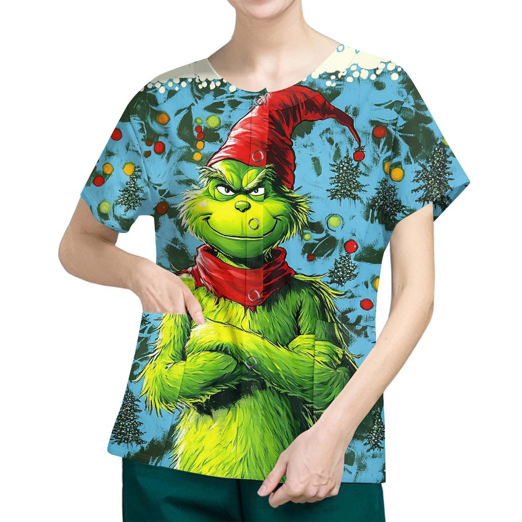 Women's Short Sleeved Patterned Pockets, Work Print Stand Up Collar, Single Breasted Protective Clothing, Cardigan Jacket, Top