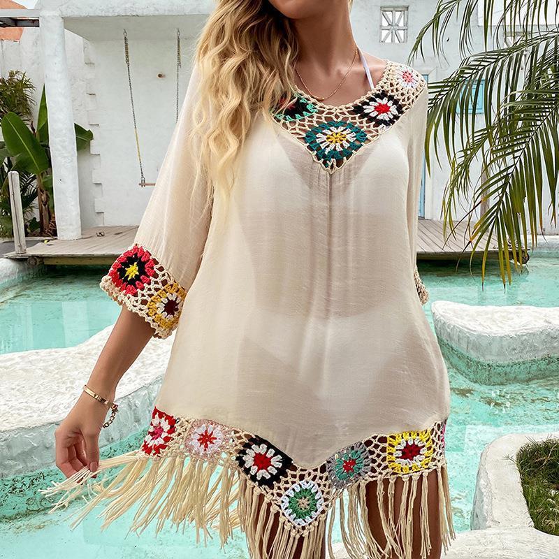 Off-the-shoulder Three-quarter Sleeve Hook Flower Stitching Irregular Tassel Beach Sun-proof Blouse Ethnic Style Dress