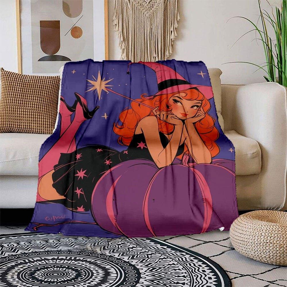 

Halloween Witch with Pumpkin Illustration Art PrintBlanket Flannel Throw Blanket for Sofa, Bed, Travel, Camping, Office, Couch, Chair 80cm×120cm