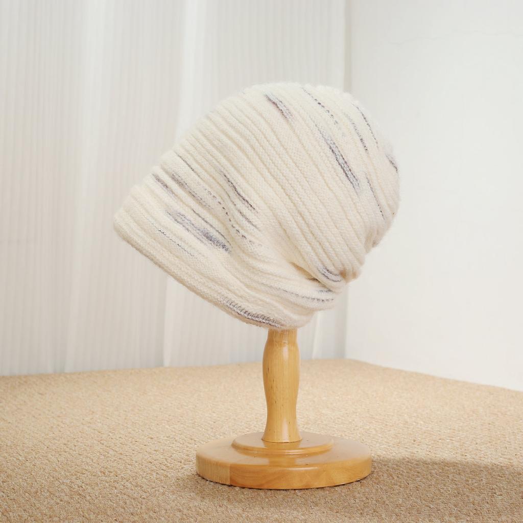 Retro colored silk mixed thread stacked knitted hat women's stripe loose knitted cold hat showing face small headgear wool hat
