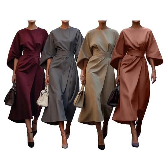 Women Dress Slim Waist Solid Color Dolman Sleeves Midi Dress Calf Length Evening Dress Round Neck Long Dress for Commuting Party Dating