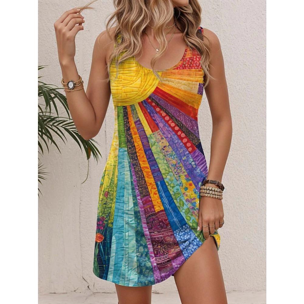 Women s Abstract Rainbow Print U Neck Tank Dress Sleeveless Loose Casual Summer A Line Mini Dress S