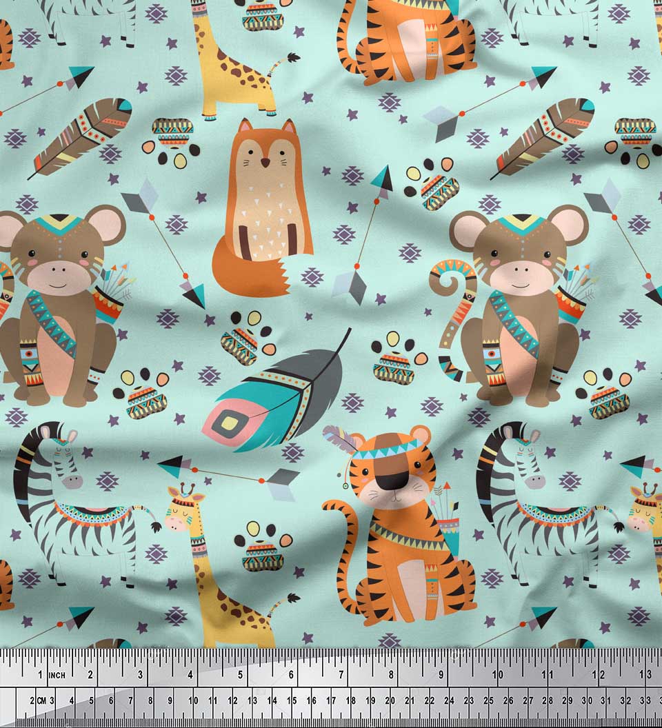 

Soimoi Grey Японська креп-атласна тканина з пір’ям і племінним принтом тварин Тканина на метри 42 дюйма 42 Inch Wide - Poly Crepe зелений