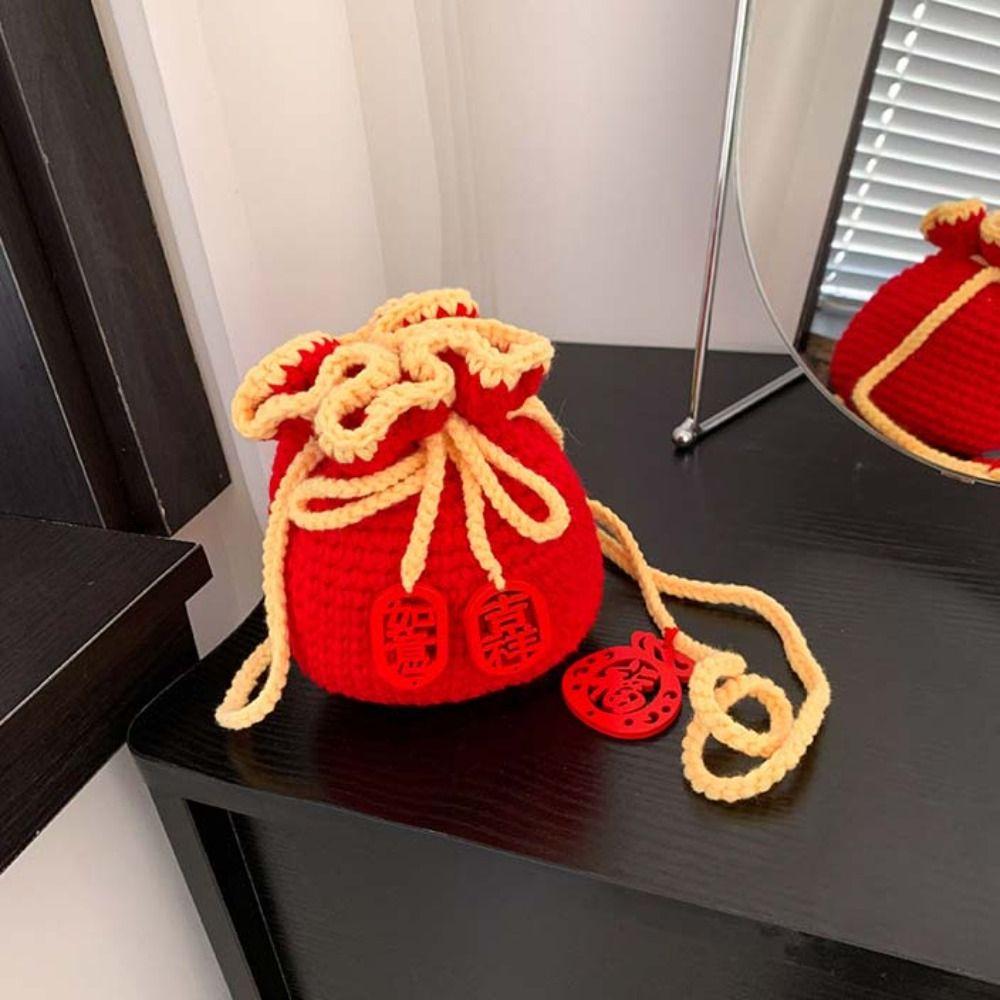 Kintted New Year Shoulder Bag Lace Up Lucky Crossbody Bag Kawaii Children's Messenger Bag Children