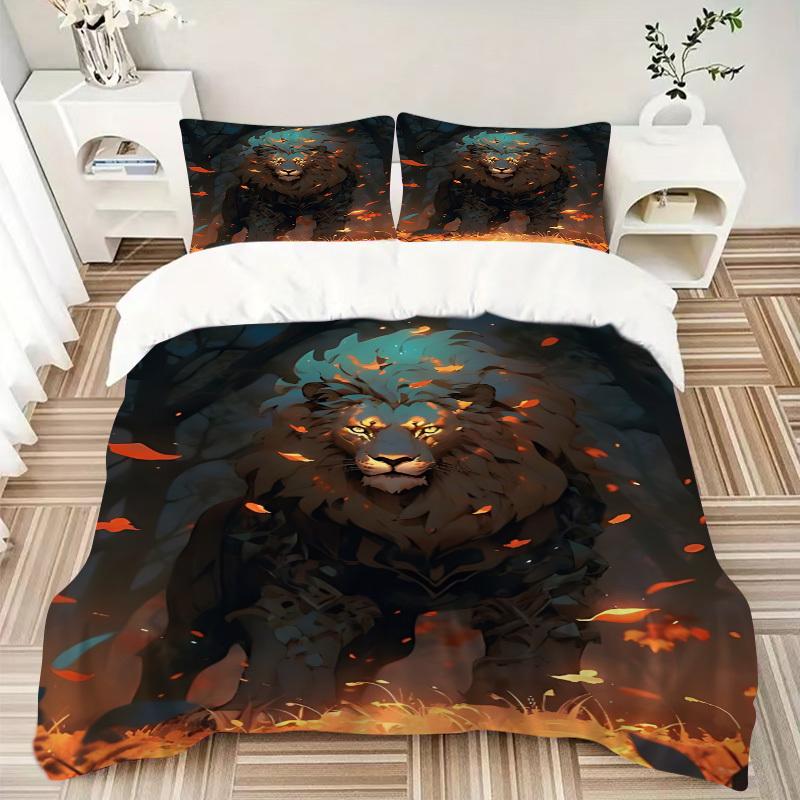 3pcs Lion Fantasy Artwork Bedding Set - 1 Duvet Cover + 2 Pillowcases(Core Not Included), Machine Washable Polyester, All-Season Comfort, Be