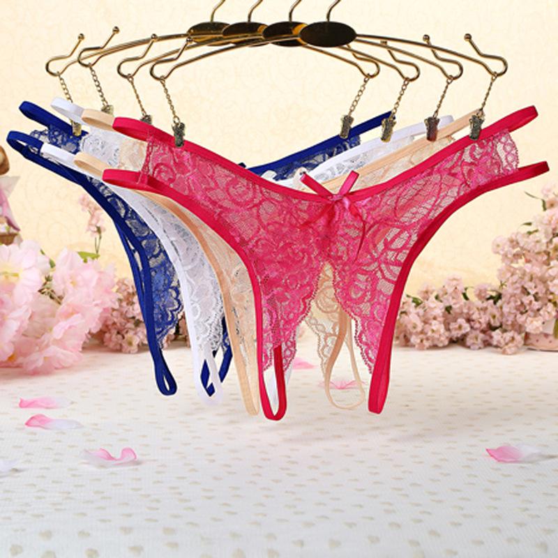 Sexy Lingerie Women's Panties Crotch Opening Transparent G-strings Thongs Solid Bowknot Underwear for Women Lace Pantys