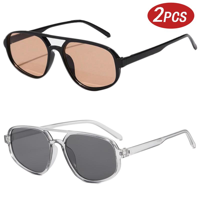 Motorcycle 2pcs Vintage Double Bridge Sunglasses Women Fashion Simple Light Square Sun Glasses Ins Trending Shades Eyeglass