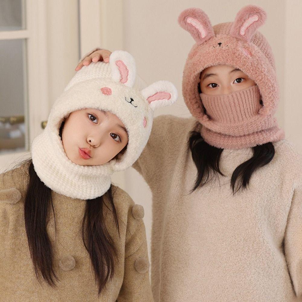 Knitted Beanie Rabbit Ear Winter Hat Plush Face Guard Neck Warmer Pullover Cap  Infant Cap