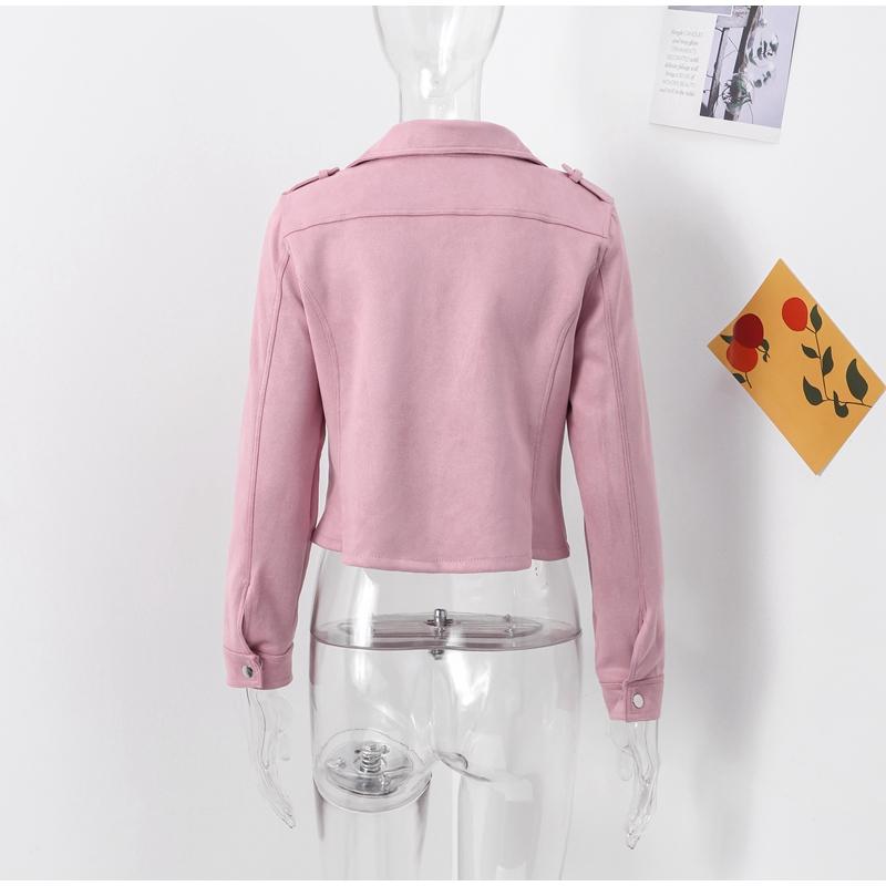 Jaqueta Vintage de Couro Camurça Sintético Slim Fina Feminina Gola Virada para Baixo Zíper Casaco Curto Manga Comprida Jaquetas Sólidas Estilo Motociclista Casual Outono Inverno