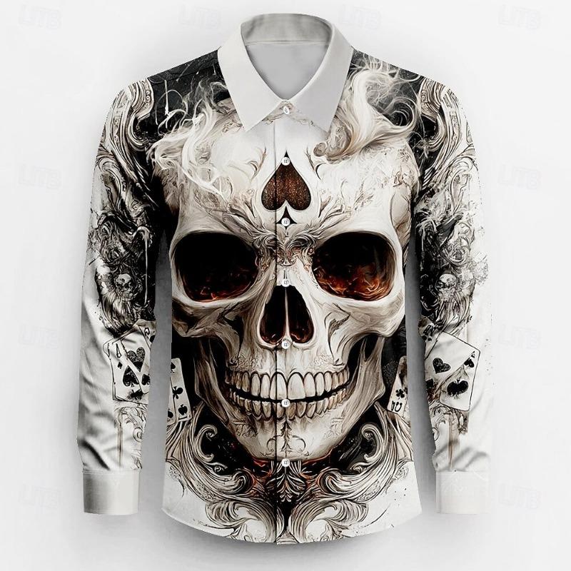New Men's 3D Skull Print Button Up Shirt Long Sleeved Deep Punk Gothic Flower Style Outdoor Holiday Collar Shirt Top