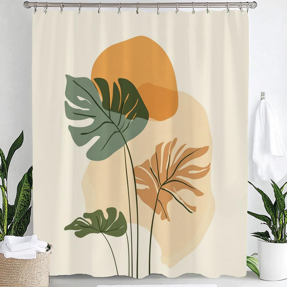 1Pc Abstract Tropical Leaf Printed Waterproof Shower Curtain With 12 Hooks, Bathroom Divider, Bathroom Decor Window Curtain