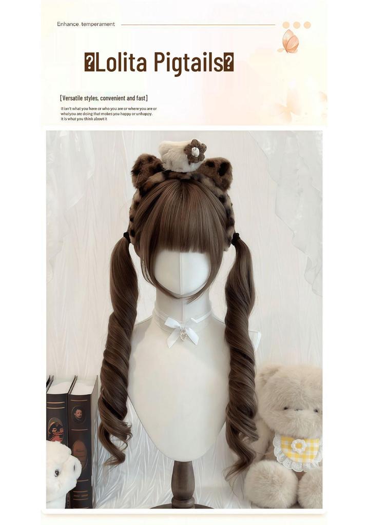 70cm Double Ponytail Lolita Wig with Sideburns - Long, Curly Daily Wig for Women