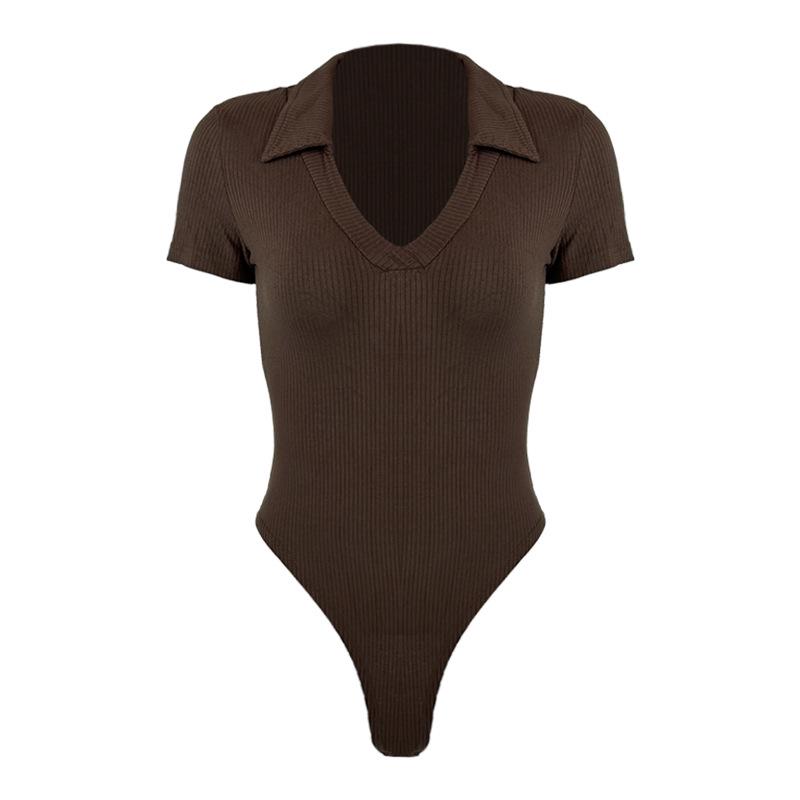 2025 Summer European & American Women's Cotton Ribbed Polo Neck Slim-Fit Short-Sleeve Jumpsuit
