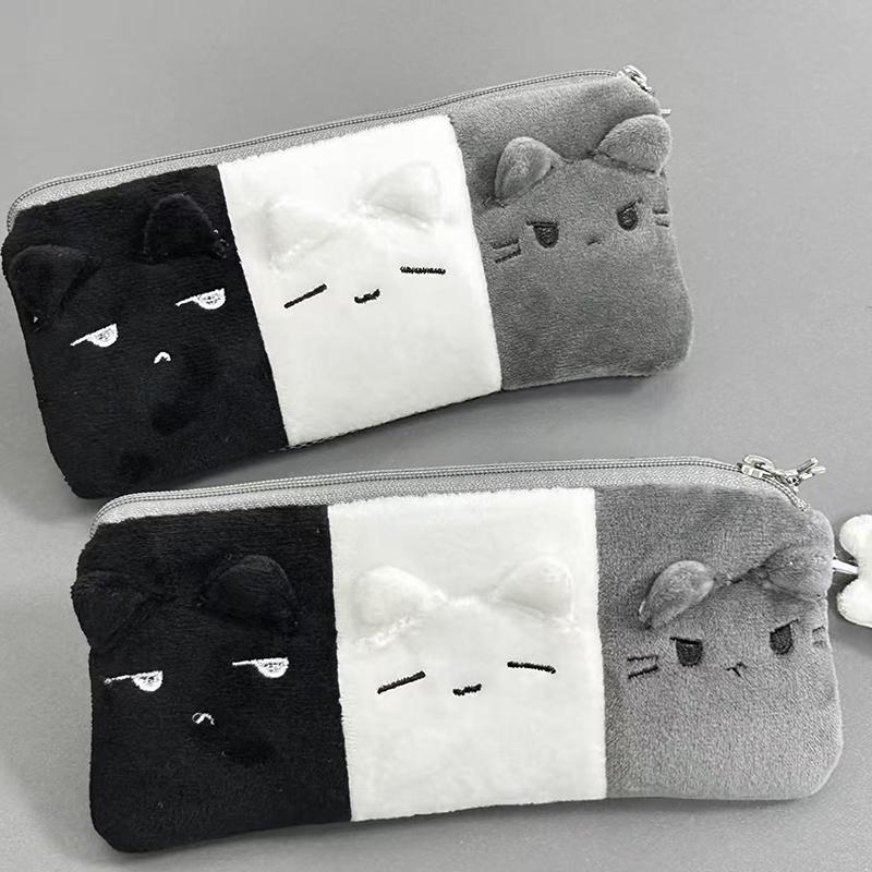 Kawaii Cartoon Black White Grey Color Blocked Plush Pencil Case Student School Desktop Stationery Large Capacity Storage Penbag