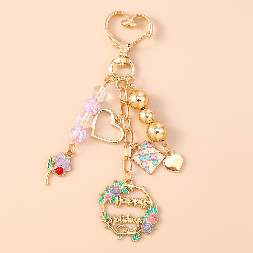 Cute Enamel Flower Butterfly Keychain Women Girls Beads Pearl Key Ring Pendants for Handbag Decor DIY Handmade Jewelry Gifts