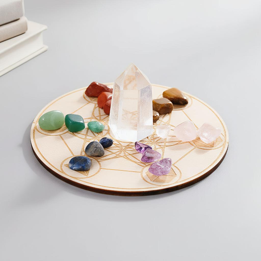 Crystal Desk Display Ornament with Wooden Plate Mineral Degaussing Mixed Stone Crystal Stone Chips Set for Spiritual Meditate