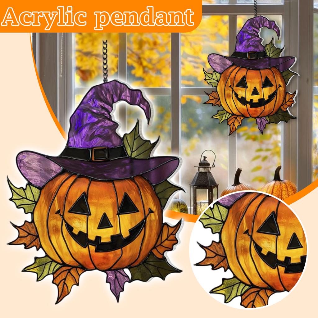 Acrylic Pumpkin Hanging Decoration with Witch Hat Halloween Theme Double Sided Flat Pendant for Indoor Outdoor Wall Door Window Display