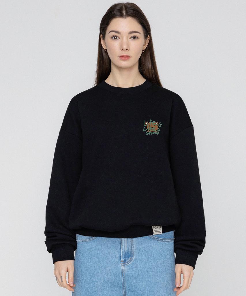 GRAVER [Unisex] Drawing Letter Bear Smile Sweatshirt_Black/Green Logo