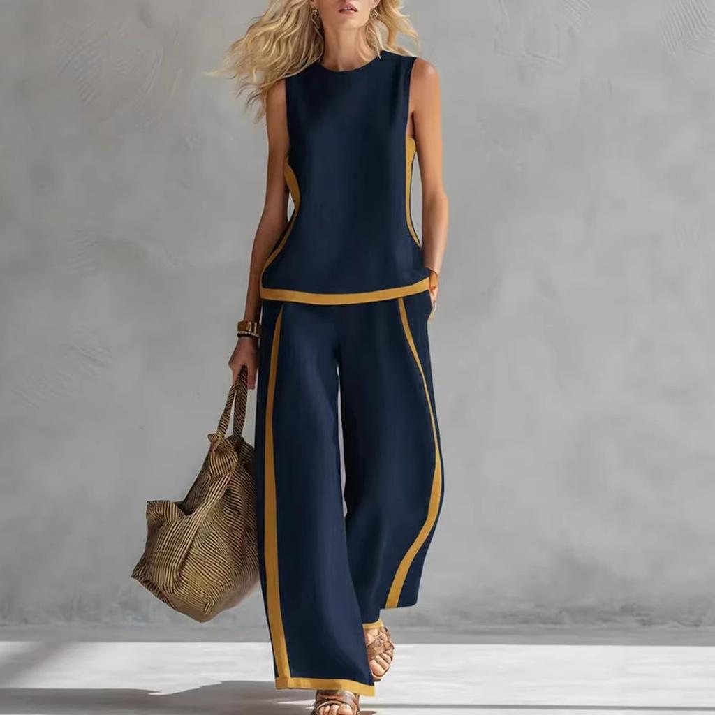 Women's Round Neck Sleeveless Loose Fit Color Block Two Piece Set Contrast Patchwork Wide Leg Pants Outfit For Spring Summer Casual Daily Commute