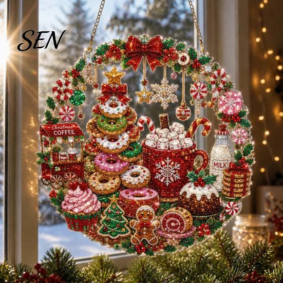 Christmas Window Decorations Faux Diamond Art Ornament, DIY Santa Claus Sun Catcher Kit, Rhinestone Stress Relieving Craft Projects Xmas Wreath