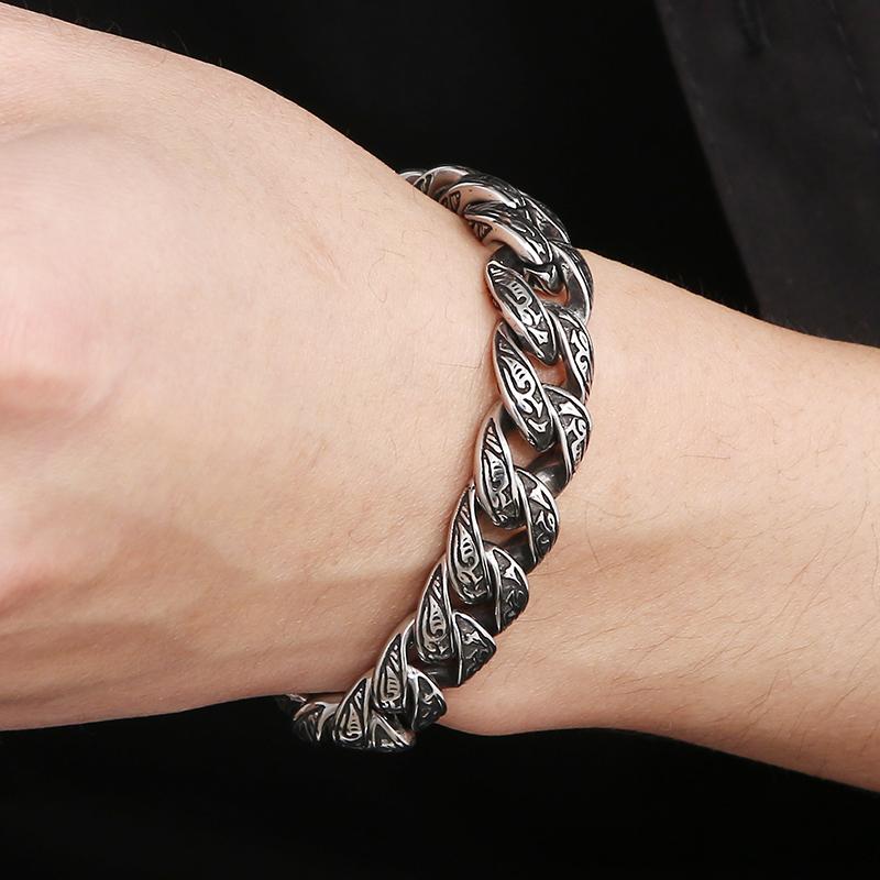 Vintage Solid 316L Stainless Steel Man Bracelet for Men 12MM Width Curb Link Chain Men's Bracelets Bangles Wrist On Hand Jewellery