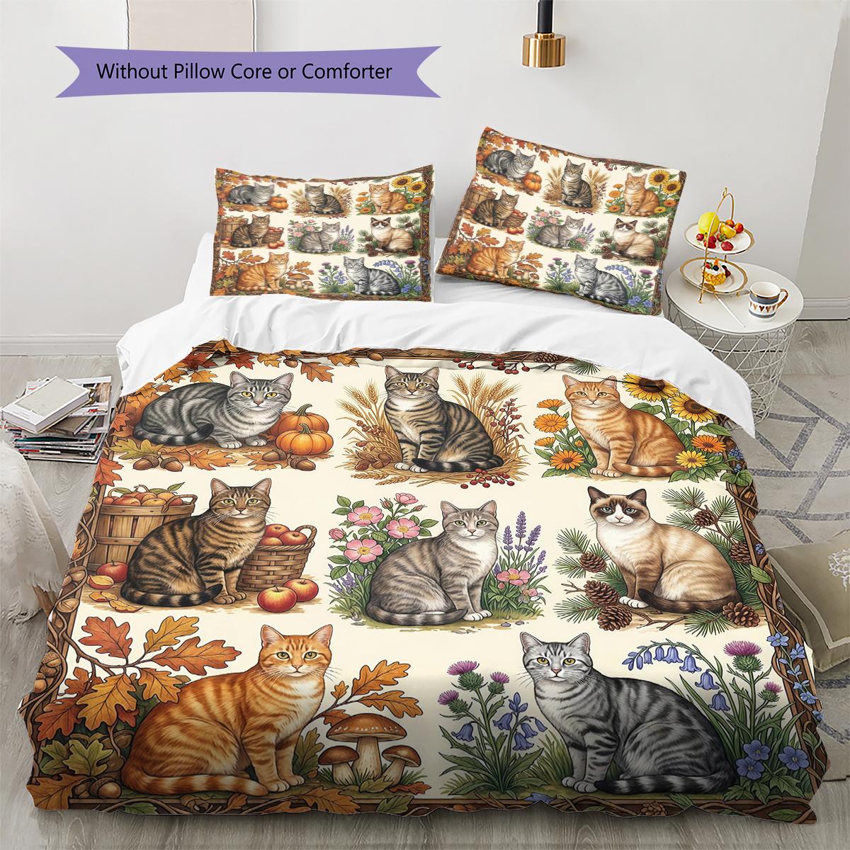 

Retro Floral Cat Pattern Bedding,Quilt Set Quilt Cover Pillowcase Home Birthday Gift (1 * duvet cover + 2 * pillowcase, without core) 135x200cm