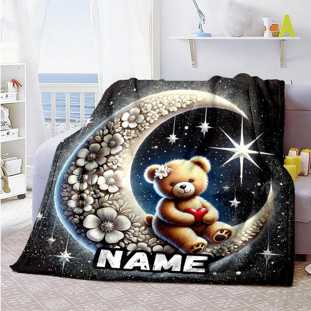 Moon Flower Bear Personalized Text Blanket Multi-purpose Personalized Blanket Comfortable Perfect for Seaside Livingroom Sofa Picnics All-Season Use