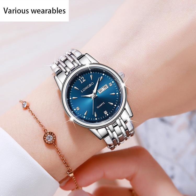 Damklocka med stålarmband, casual quartz-klocka med dubbel kalender