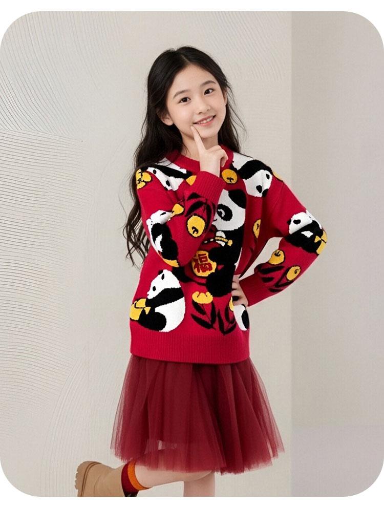 Children's New Year's Red Sweater with Panda Pattern