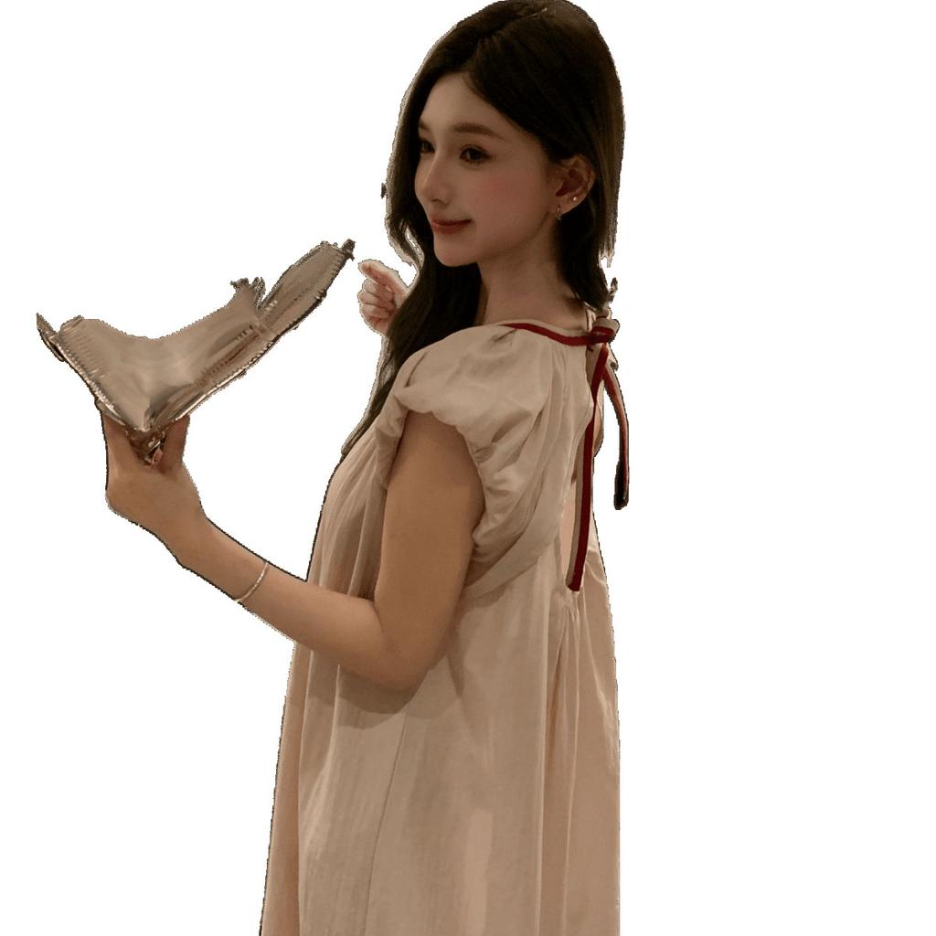 [Casual Minor] Cotton Dress Sweet Vacation Style Loose Nightdress Backless Lace Contrasting Color Silkworm Weisi