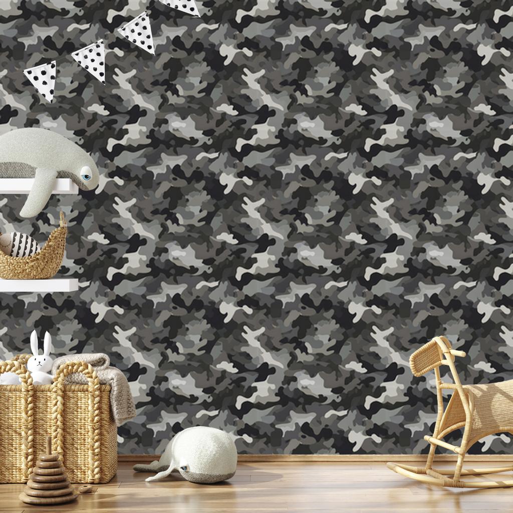 Military Camouflage Wallpaper Graphite, Gray and Light Gray 50x1000