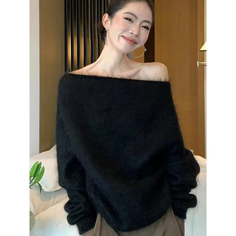

High-end Soft Waxy Pink One-shoulder Sweater Bottoming Sweater for Women in Autumn and Winter Lazy Style Loose Inner Top S чёрный