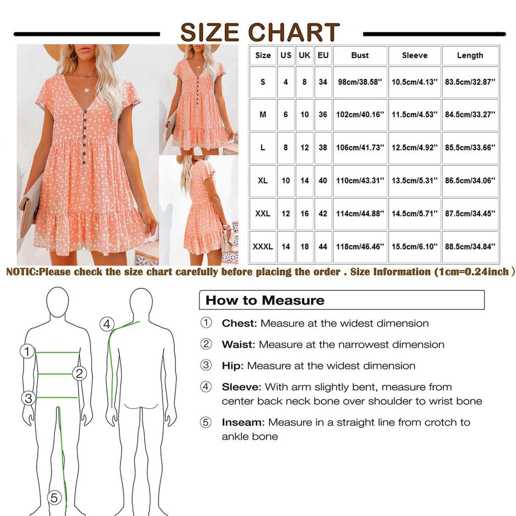 Fashion Women V Neck Button Floral Dress Short Sleeve Loose Casual Dress