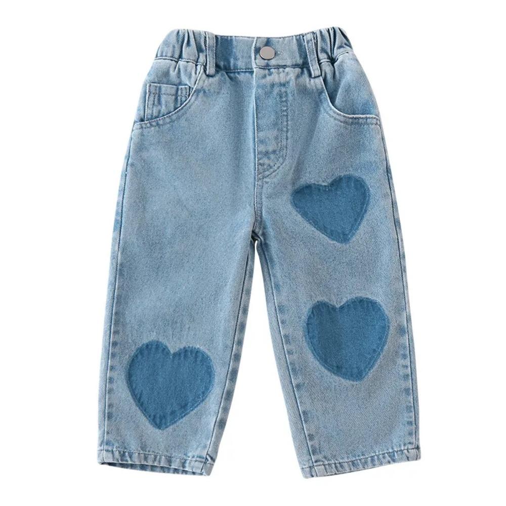 Spring Girl Baby Patch Love Jeans Retro Boy Children Pockets Casual Pants Loose Kid Cotton Trousers Toddler Denim Pants