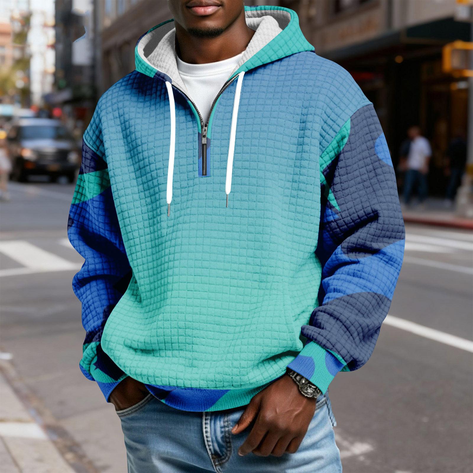 

Men s Half-Zip Hooded Plaid Pullover Drawstring Print Casual Sports Sweatshirt L