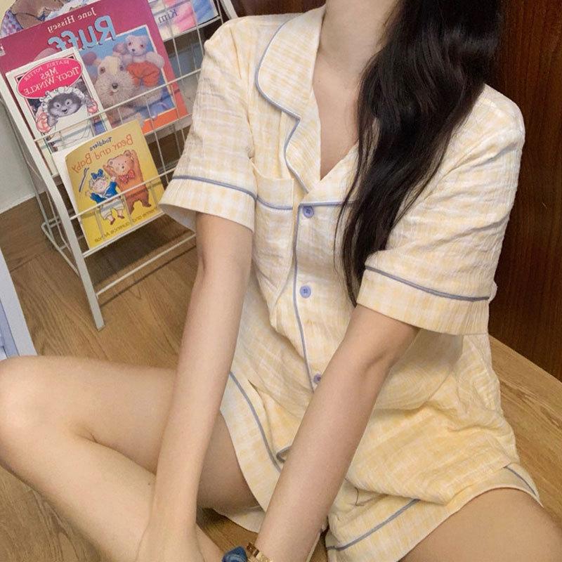 GMXIA High-quality Cotton-like Cute Cardigan Short-sleeved Student Pajamas for Women, Sweet Summer Style for Women's Home Wear