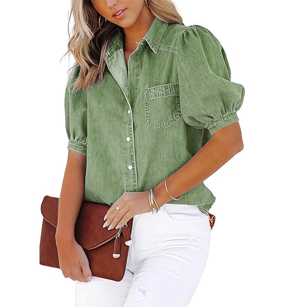 Women's Fashion Lapel Short,Sleeved Pocket Cardigan Colour Casual Shirt Top