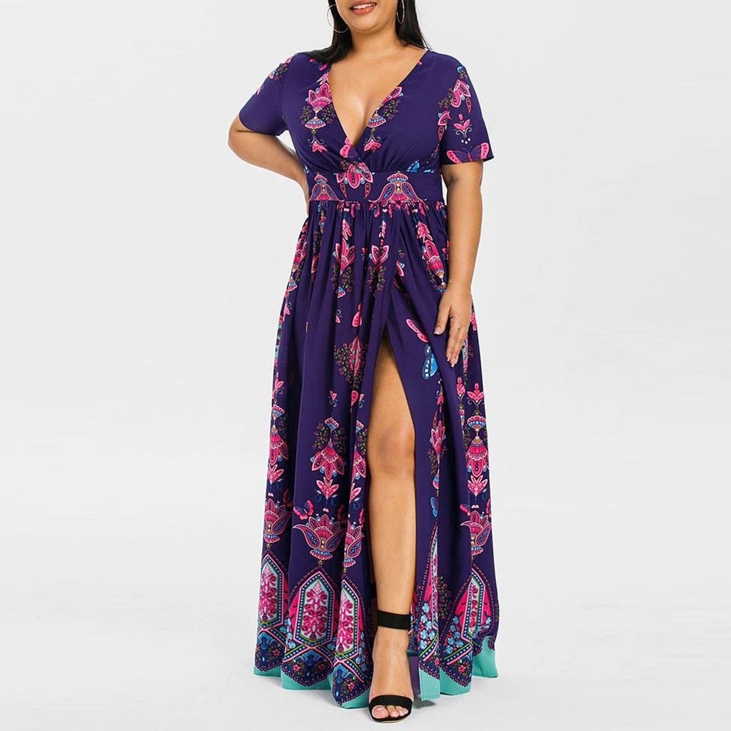 Plus Size Fashion Women Butterfly Printed V-Neck Short Sleeve Casual Long Dress