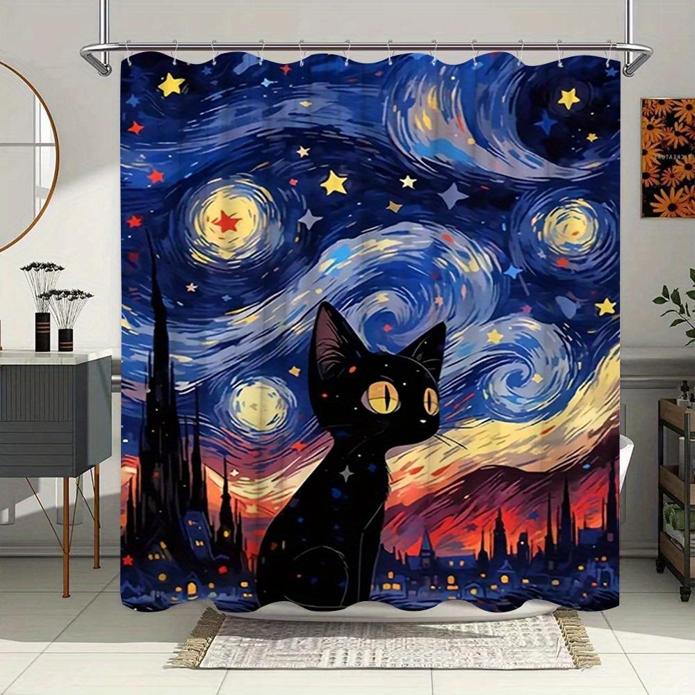 Starry Night with Black Cat Waterproof Shower Curtain for Modern Bathroom Decor, Stylish and Durable, Perfect for Home Use