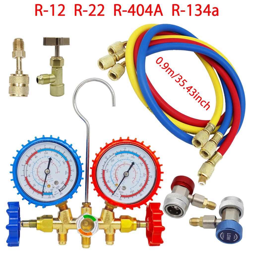 R134a Air Conditioning Pressure Gauge with Hose and Hook 3 Way AC Diagnostic Manifold Gauge Set Freon For R12 R22 R404A R134a