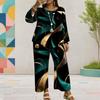 Women Plus Size Printed Round Neck Long Sleeve Layered Top Wide Leg Cropped Pants Two Piece Set