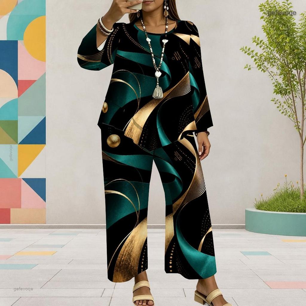 Women Plus Size Printed Round Neck Long Sleeve Layered Top Wide Leg Cropped Pants Two Piece Set