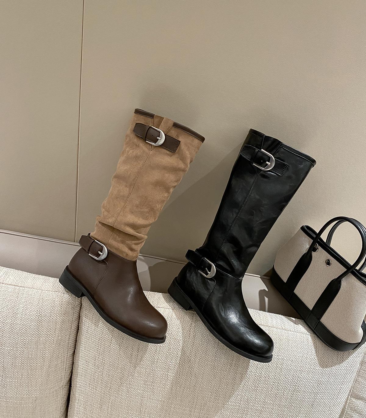 

Ma Sichun same thick heel suede splicing knight boots women s boots 2025 autumn and winter belt buckle thin boots 40 чёрный