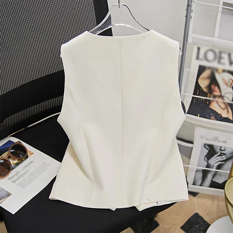 Moda Retro Francesa Chaleco Corto de Cintura Chaqueta para Mujer Verano Temperamento de Alta Gama Cuello en V Blanco Chaleco de Traje