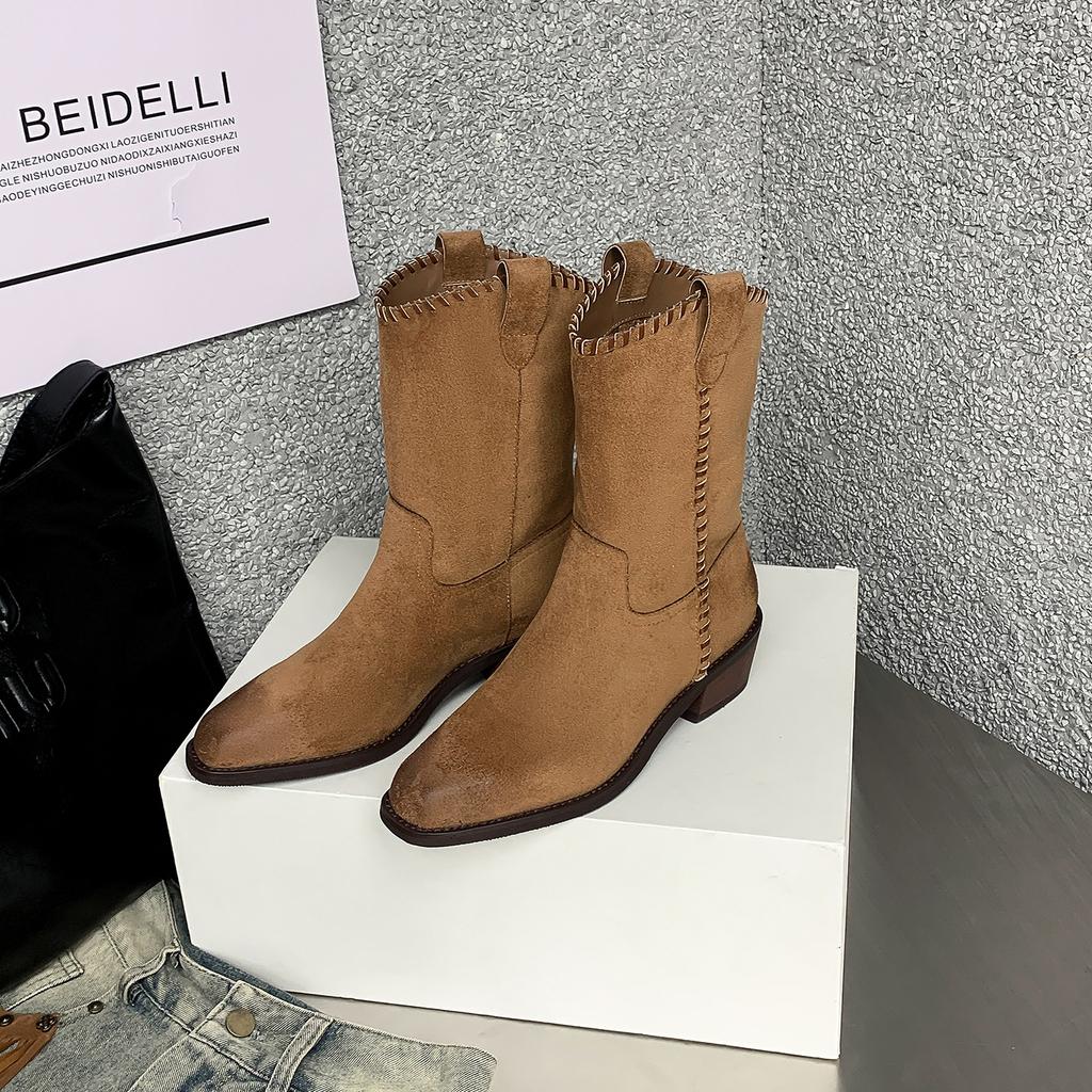 Leather Western Cowboy Boots Knight Boots Women's Maillard Skinny Thick Heel Pointed Short Boots Vintage Medium Martin Boots