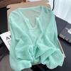 Women's Summer Green V-neck Knit Top Outer Wear Sun Protection Cover Up Dopamine Loose Outer Top