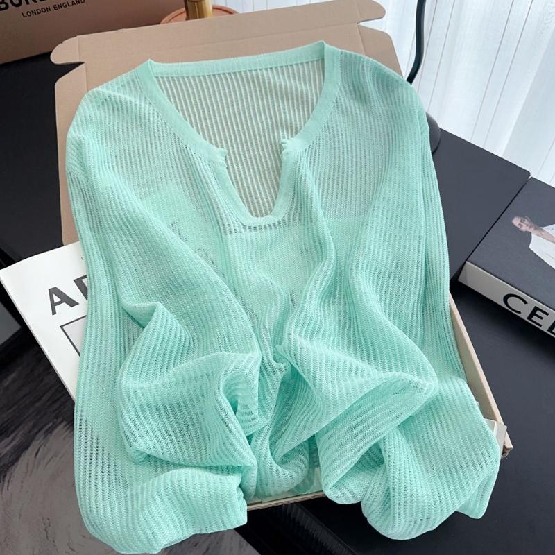 Women's Summer Green V-neck Knit Top Outer Wear Sun Protection Cover Up Dopamine Loose Outer Top