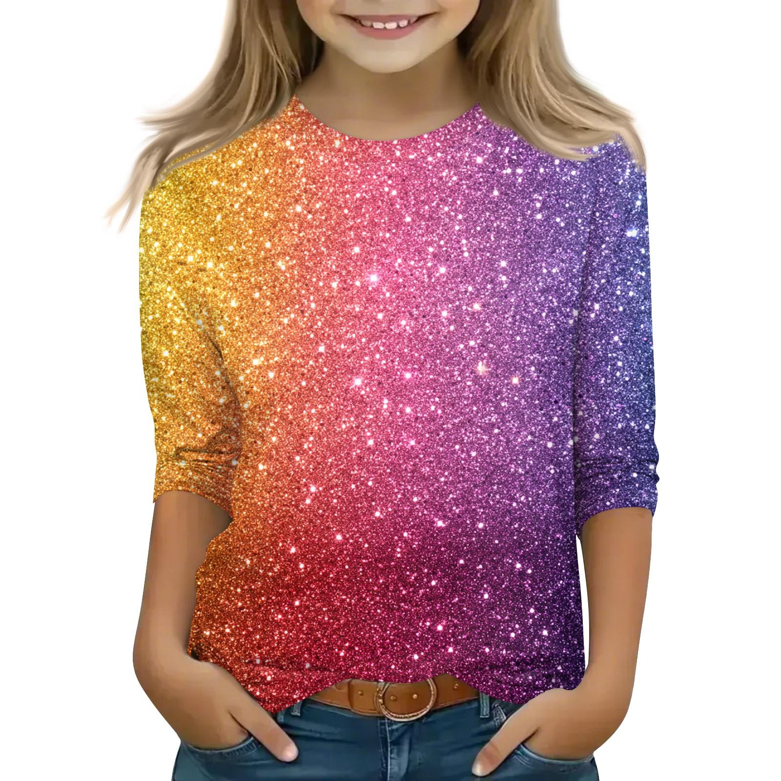LXC Print tops voor jeugdige meisjes van 5-16 jaar ronde hals 3/4 mouwen T-shirts trendy tops outfit T-shirts 130 oranje
