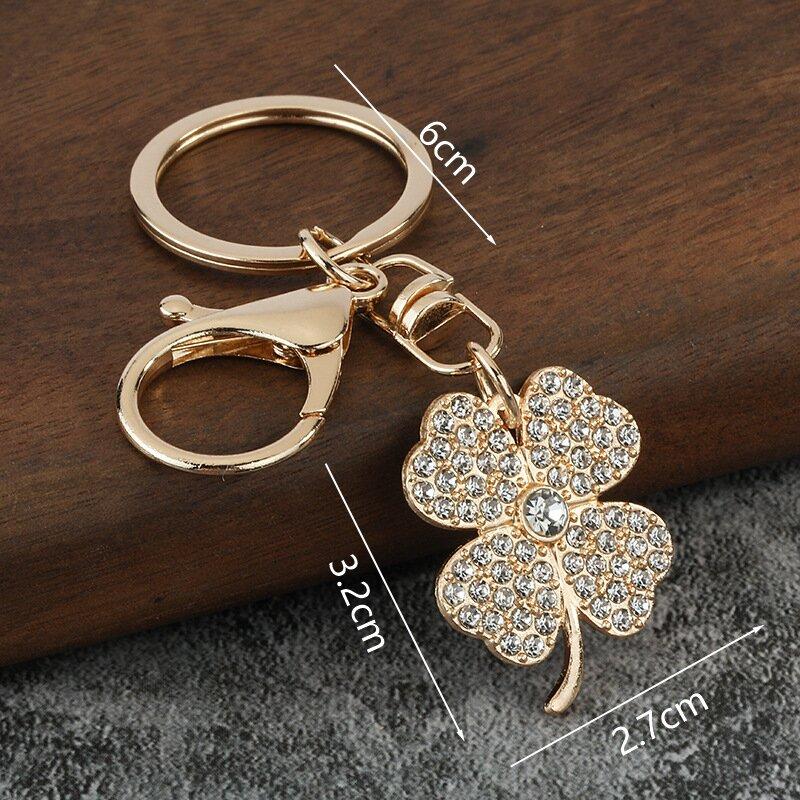 Trendy Exquisite Rhinestone Four-Leaf Clover Keychain Lucky Luxury Metal Keyring For Women Bag Charms Key Holder Pendant