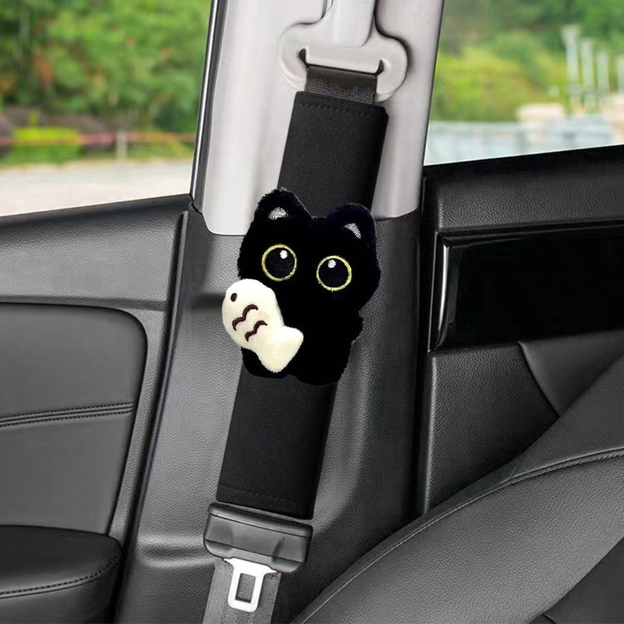 

1PC Black Cat & Fish Decor Car Shoulder Pad Cover Fashionable Elegant Design Comfort Enhancer Fits Most Vehicles